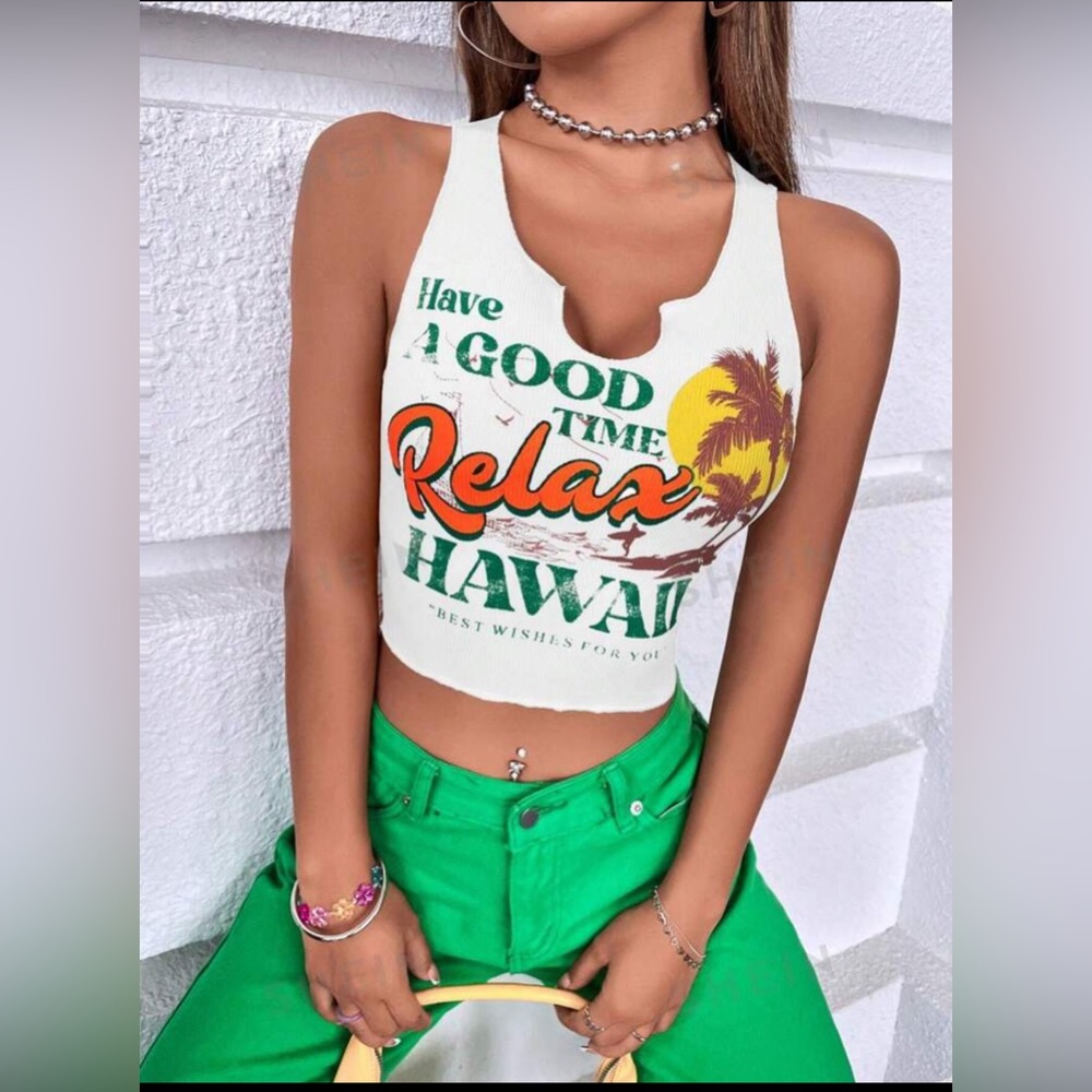 NWOT Palm Tree & Slogan Graphic Notched Neck Tank Top. So cute!!